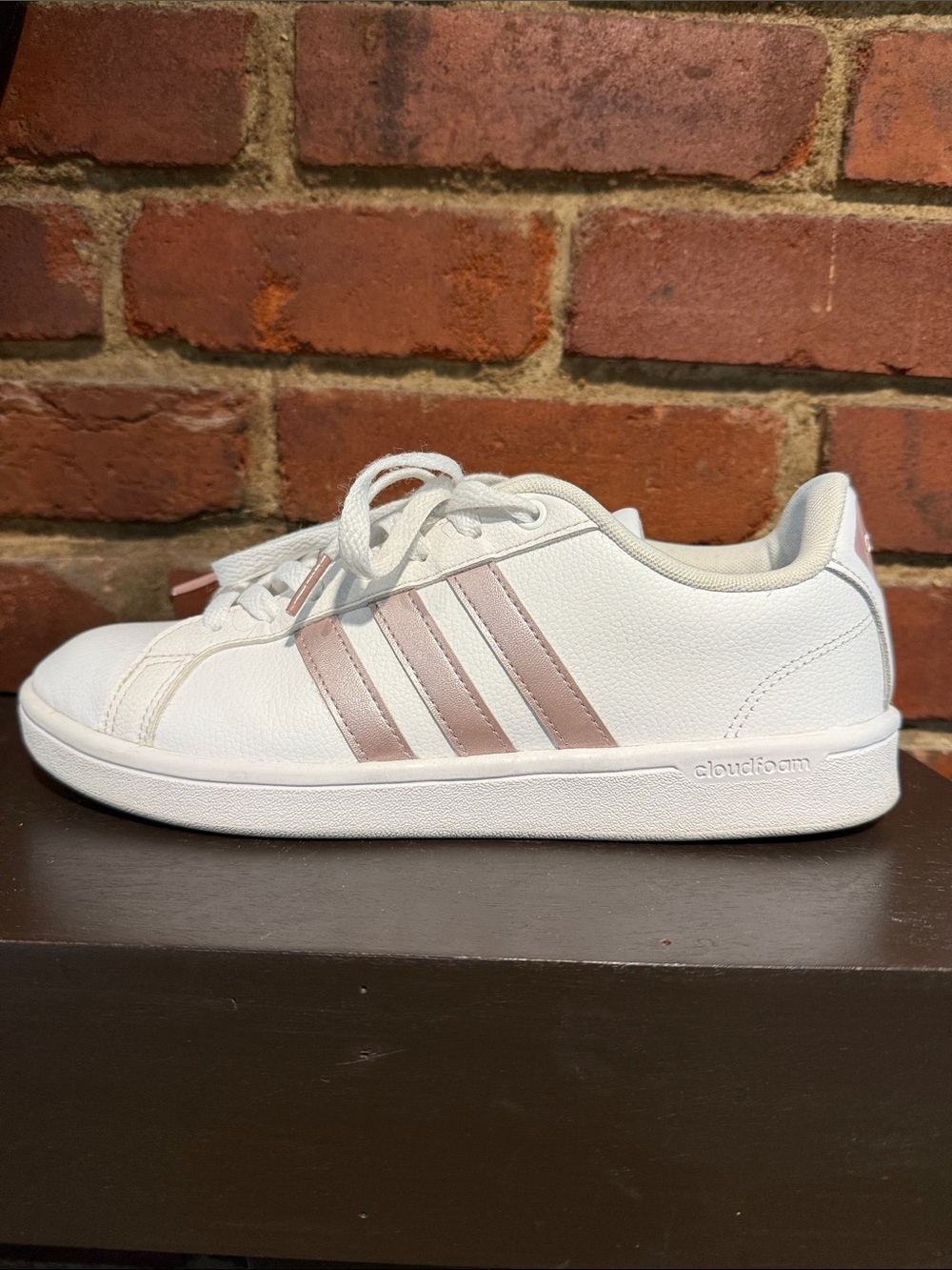 adidas White Sneakers with Rose Metallic Stripes